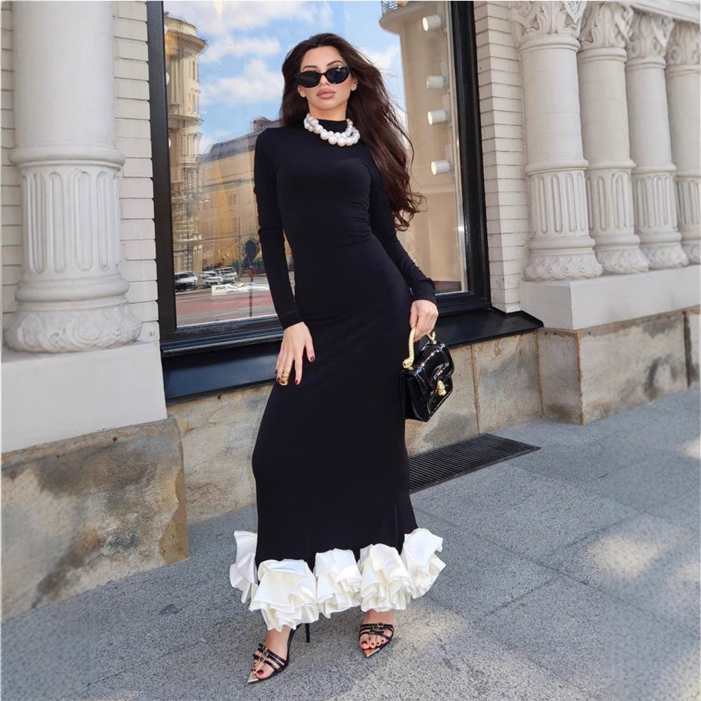 Women's Bodycon Maxi Dress with Turtleneck, Long Sleeves, and Lush Ruffled Hem Chichicherry