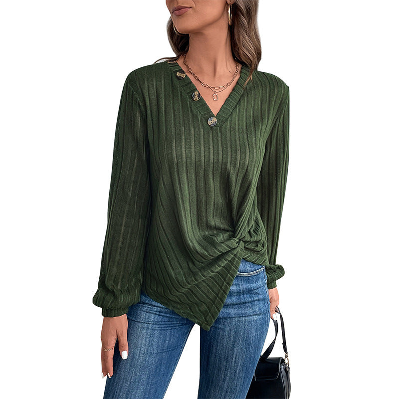 Women Tailored Ribbed Long Sleeve with V-Neck, Button Placket and Twist Knot Chichicherry