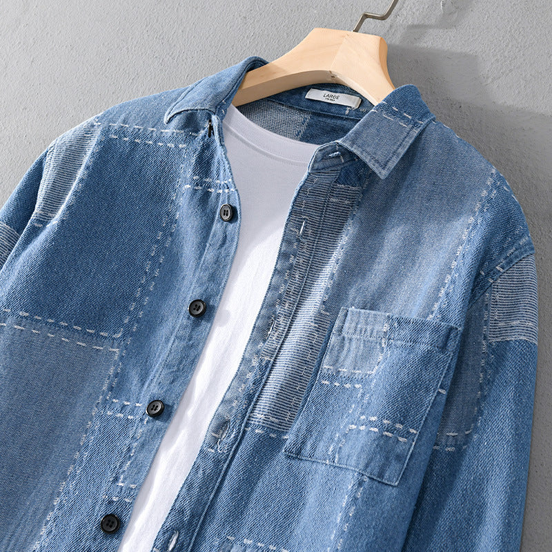Men's patchwork shirt jacket made of textured denim with visible seams and chest pocket Chichicherry