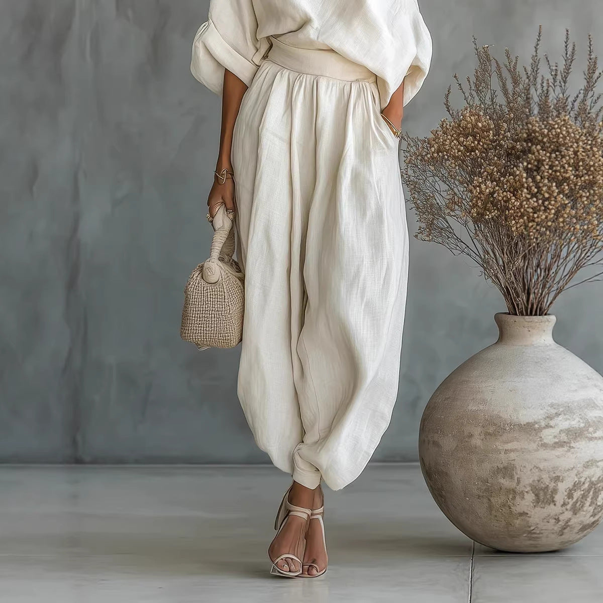 Damen Leinen-Set mit One-Shoulder-Oberteil und weiten Haremshosen Chichicherry