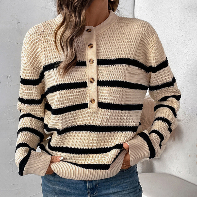 Women's Striped Waffle Knit Henley Sweater with Button Placket Chichicherry