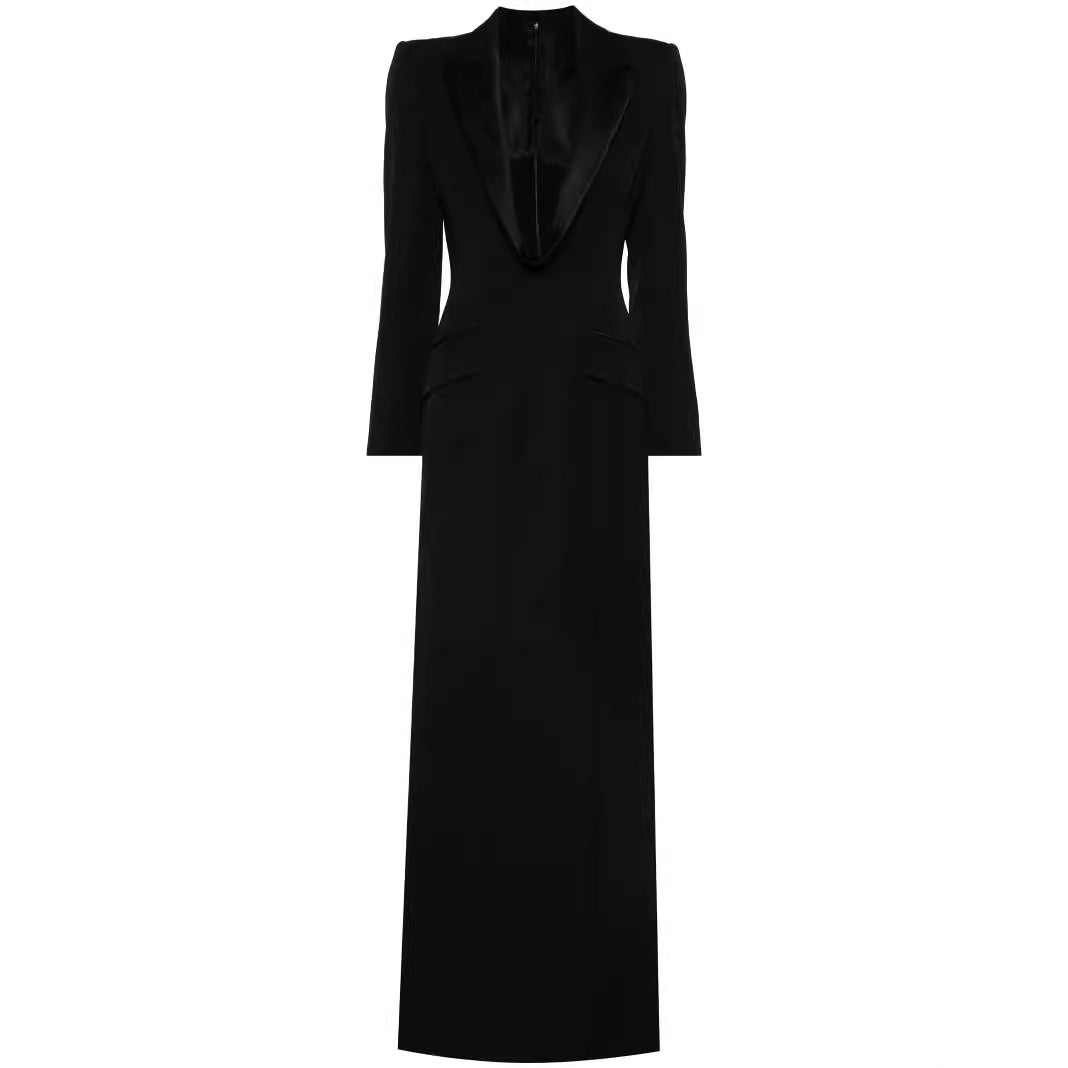 Ladies Tailored Evening Maxi Dress in Tuxedo Blazer Style Chichicherry