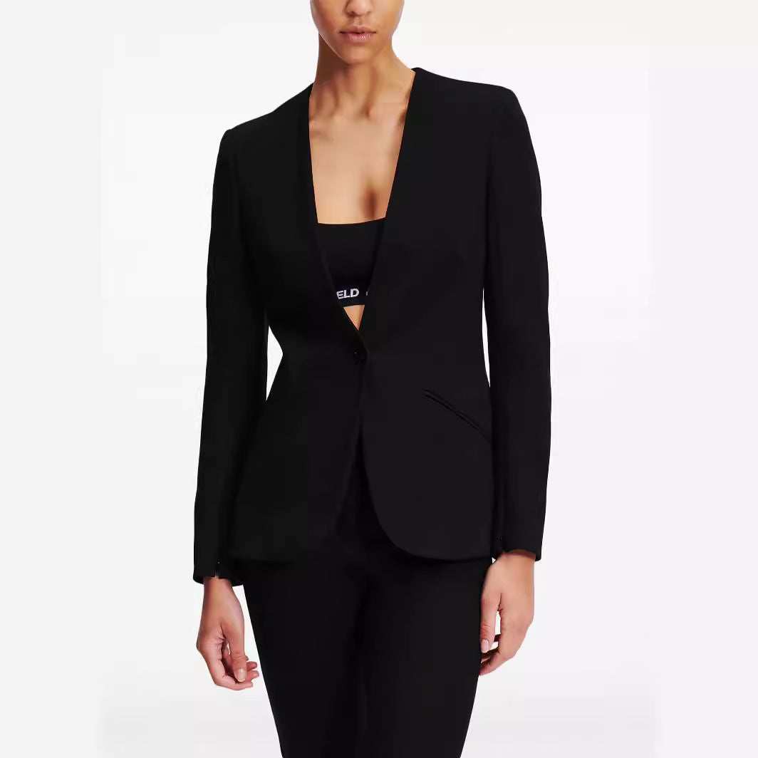 Women Cape Sleeve Tailored Blazer with Fitted Silhouette and Flared Pants with Leg Slit Chichicherry