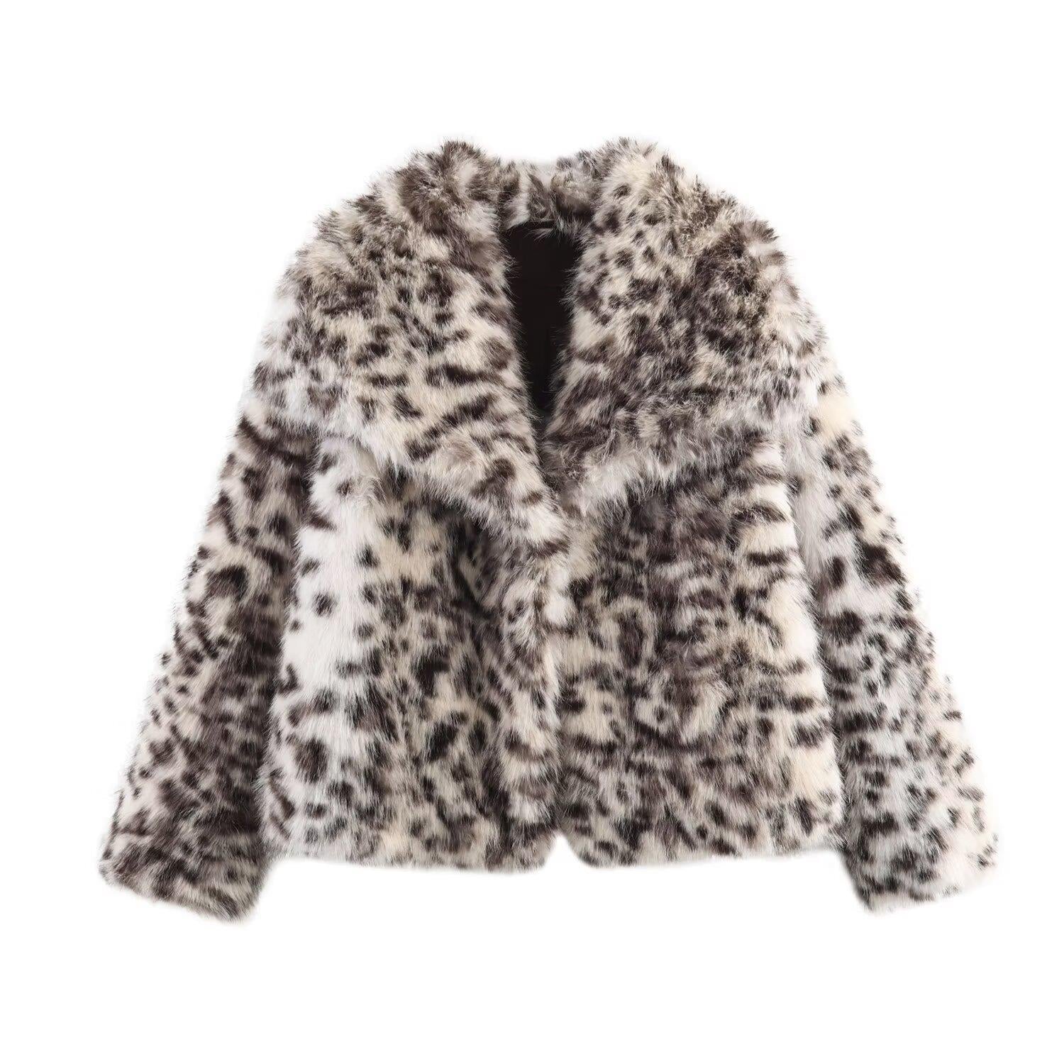 Women's Short Cut Faux Fur Jacket with Leopard Print Chichicherry