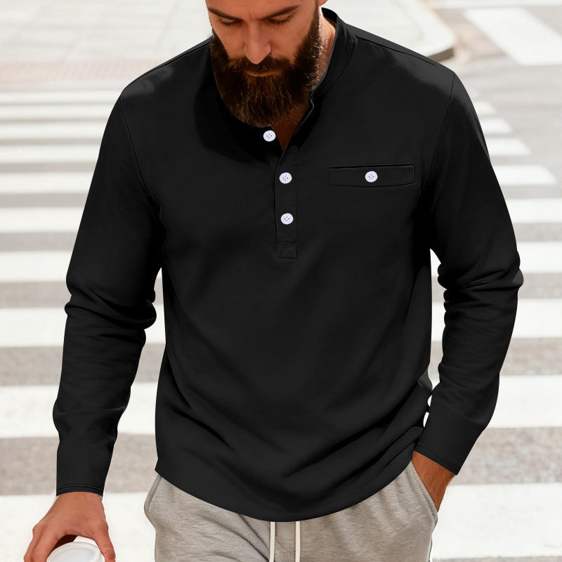 Men's Casual Henley Long Sleeve Shirt with Stand-Up Collar, Chest Pocket, and Curved Hem Chichicherry