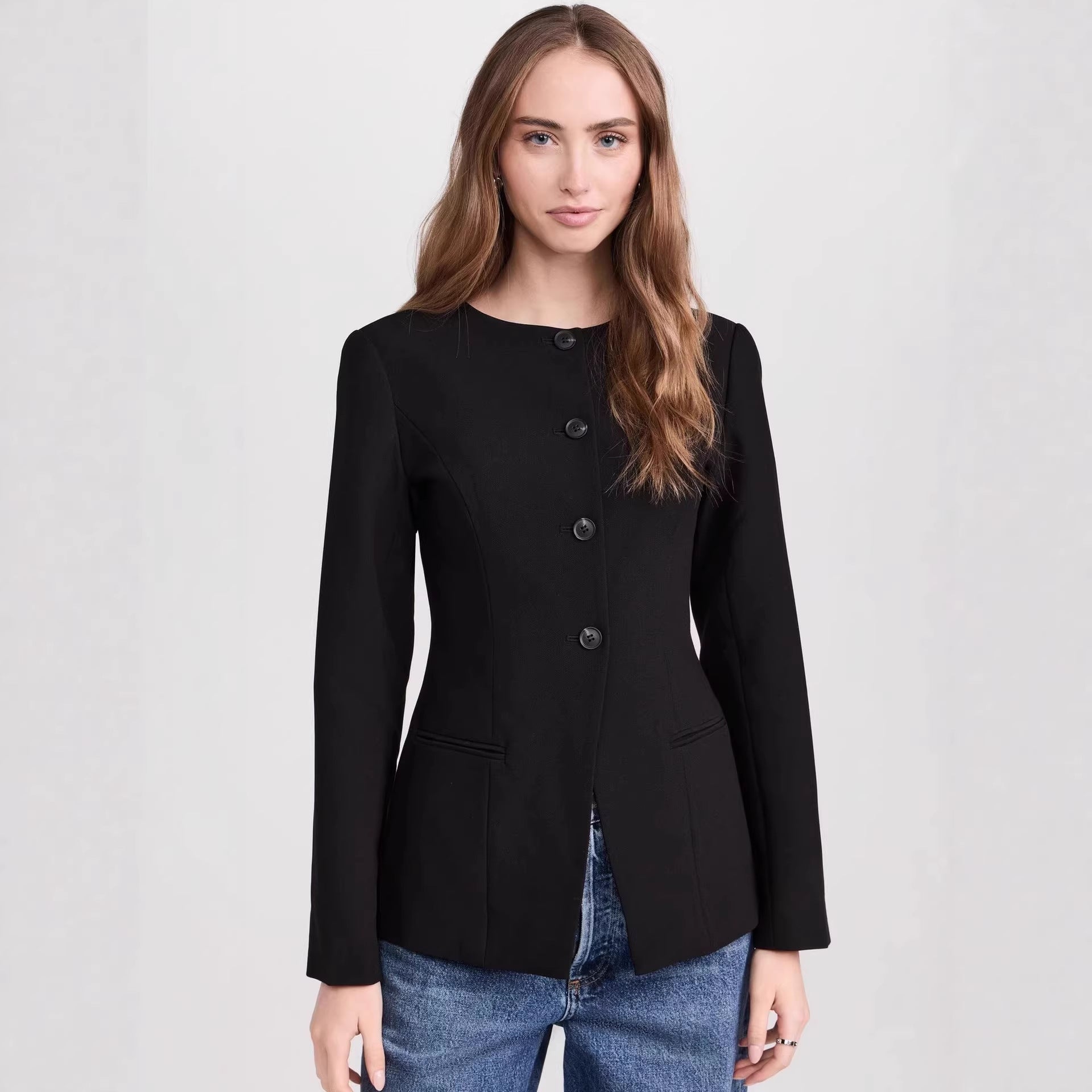 Women's Tailored Short Blazer with Round Neckline and Center Button Placket Chichicherry