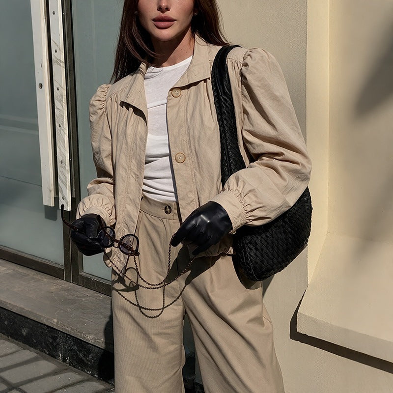 Women Light Short Jacket with Balloon Sleeves, Puff Shoulders & Elastic Hem Chichicherry