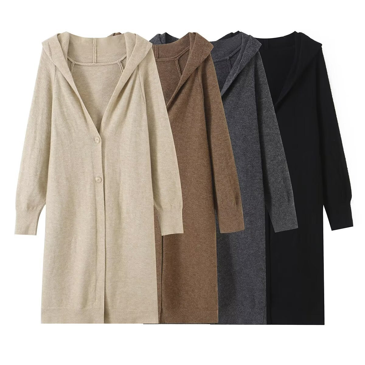 Women Long Hooded Cardigan with Full Button Placket and Ribbed Cuffs Chichicherry
