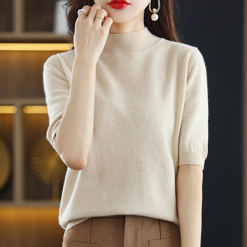 Women Short Sleeve Fine Knit Sweater with Half Turtleneck Chichicherry