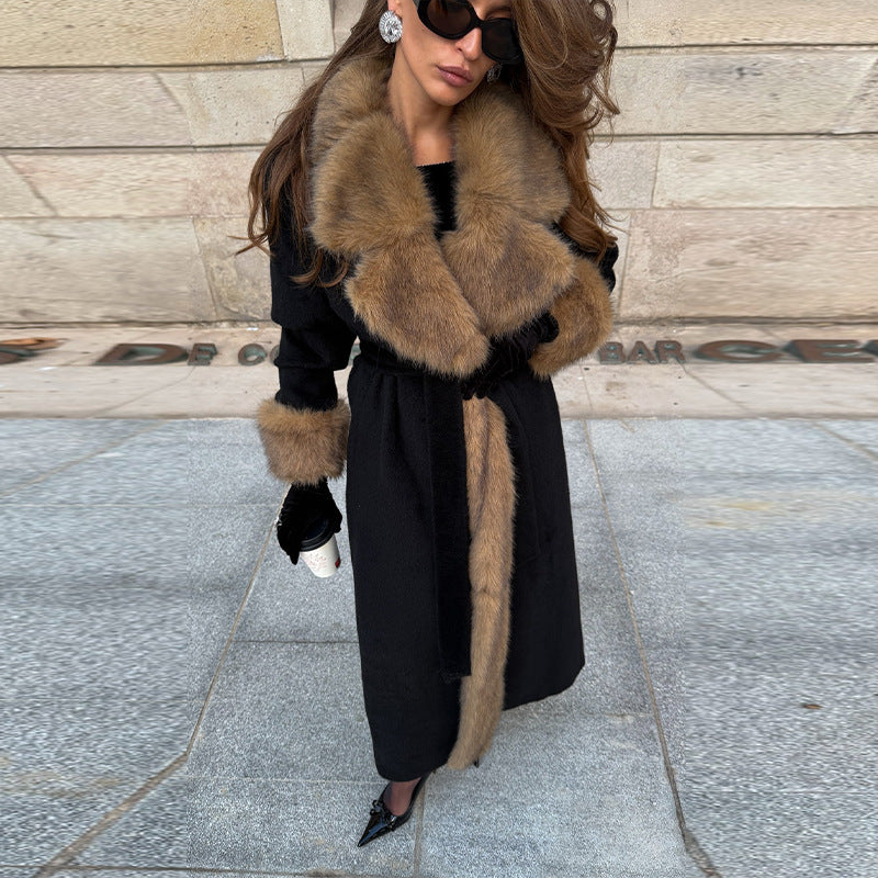 Women Tailored Maxi Coat with Faux Fur Shawl Collar and Tied Belt Chichicherry