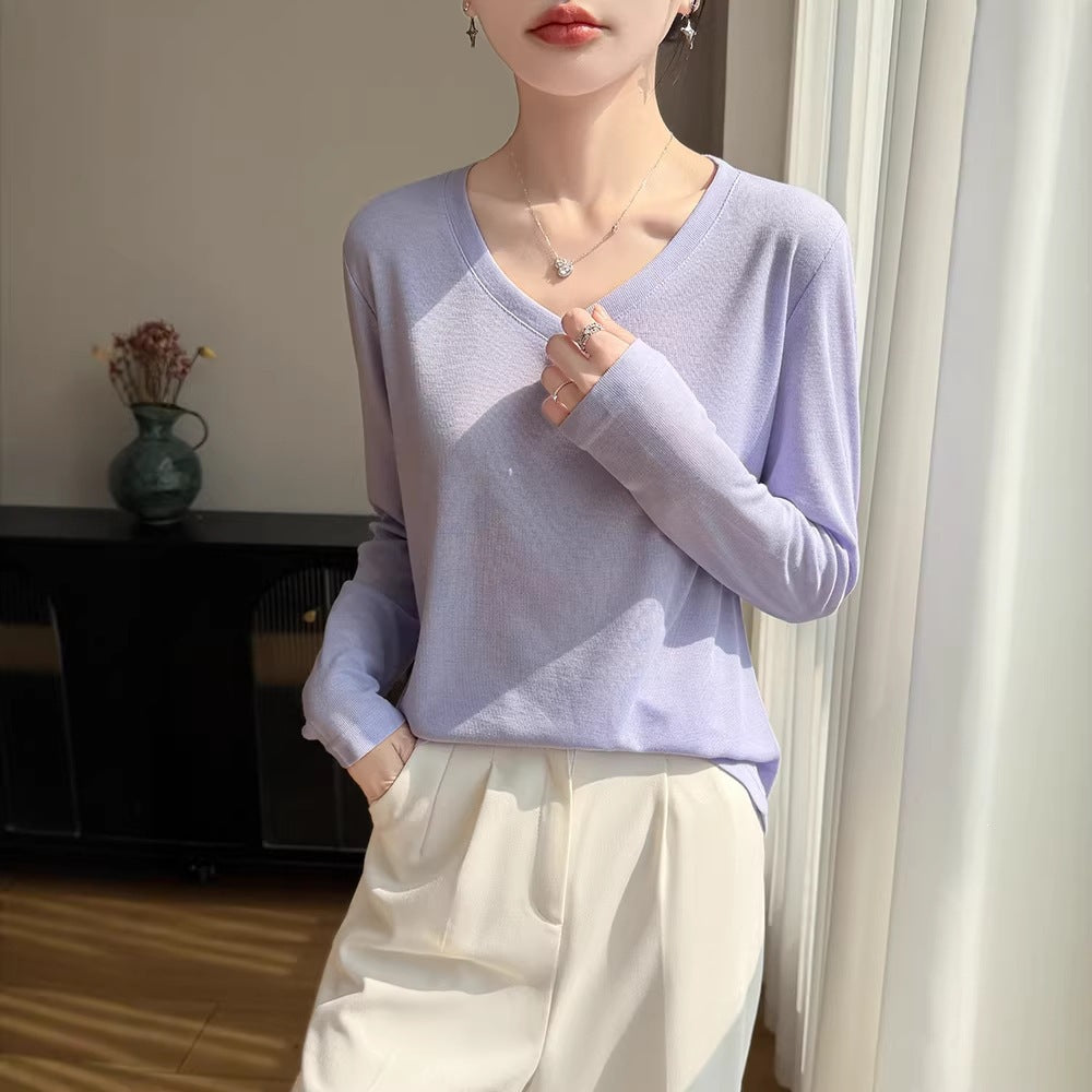 Women Light V-Neck Fine Knit Long Sleeve Chichicherry