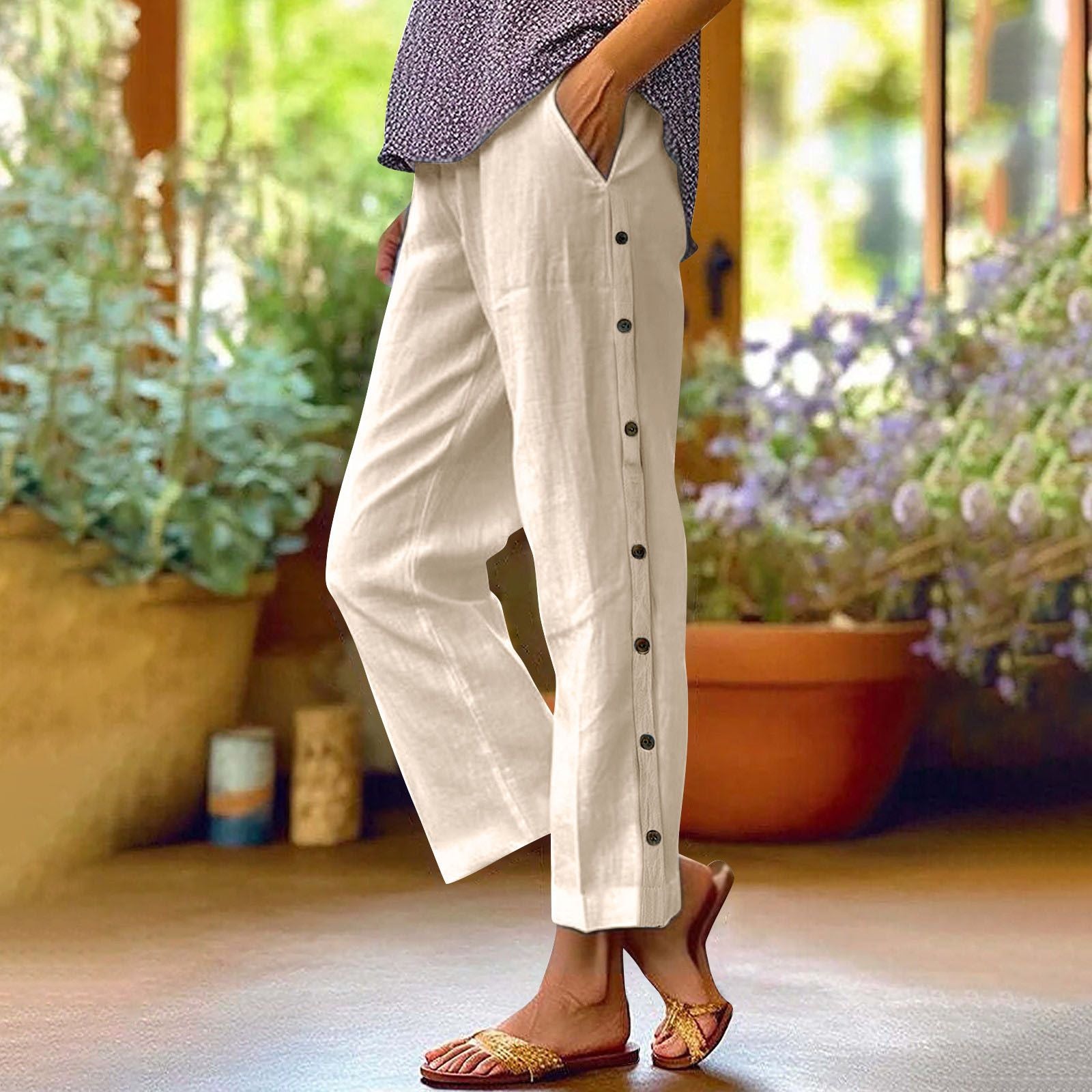 Ladies Light Relaxed Pants with Side Button Placket and Insert Pockets Chichicherry
