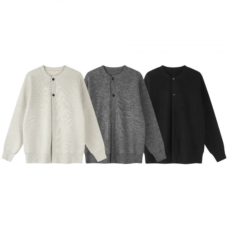 Unisex Boxiger Fine Knit Cardigan with Round Neck, Raglan Sleeves and Partial Button Placket Chichicherry