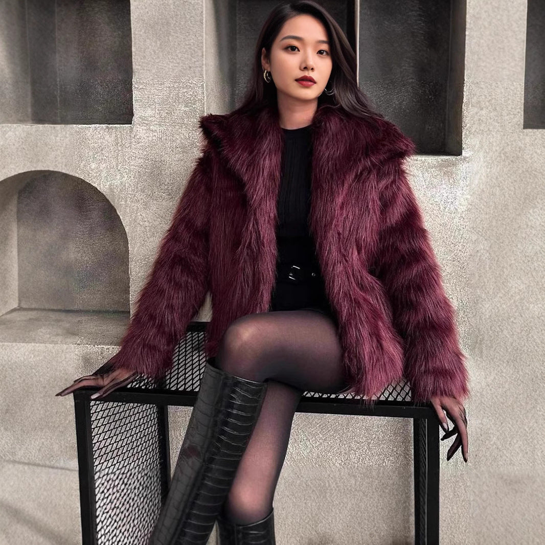 Women Short Faux Fur Jacket with Voluminous Shawl Collar Chichicherry