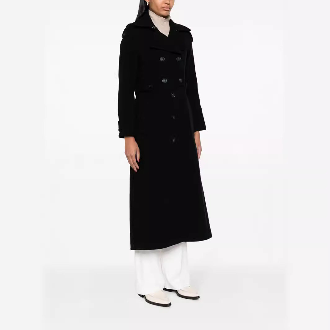 Women Floor-Length Double-Breasted Trench Coat made of Wool Blend with Shoulder Patches and Concealed Waist Belt Chichicherry