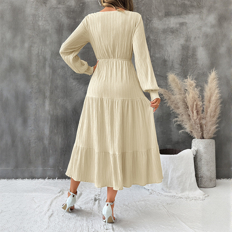 Women's Crinkle Midi Dress with V-Neck, Waistband and Ruffle Hem