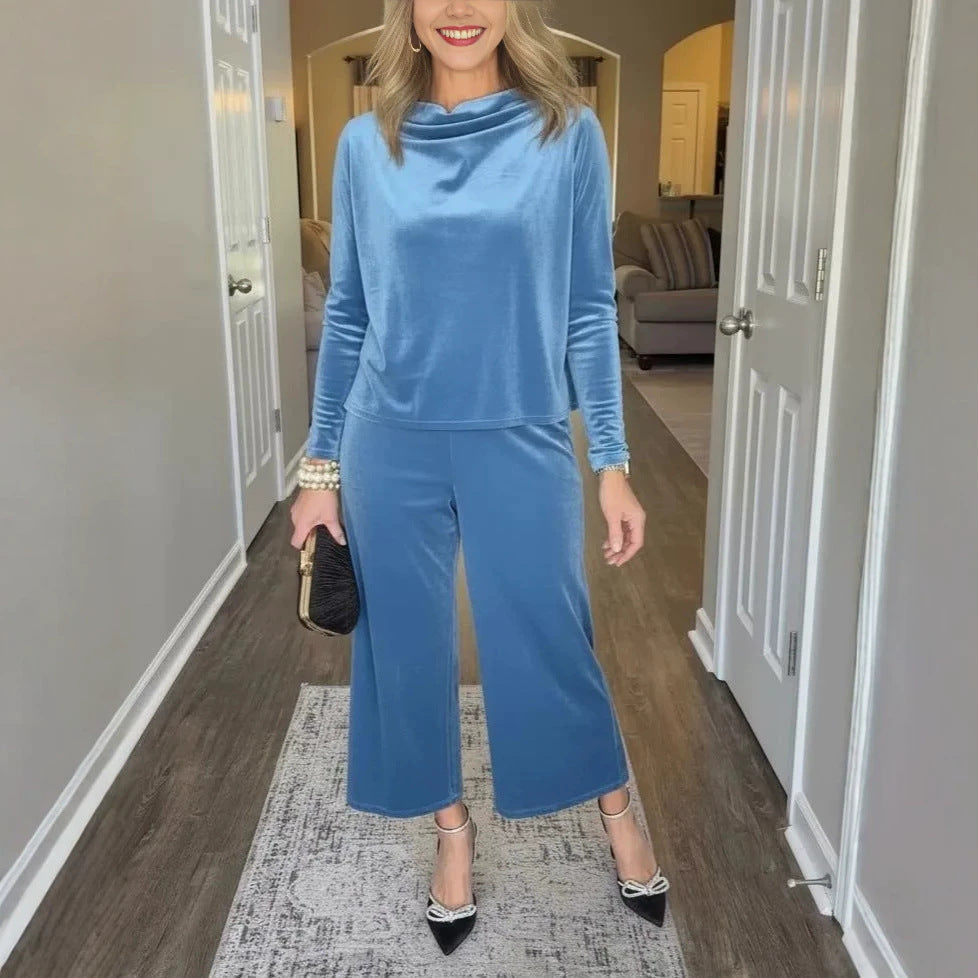Women's Elegant Velvet Two-Piece with Waterfall Collar and Wide Culotte Pants Chichicherry
