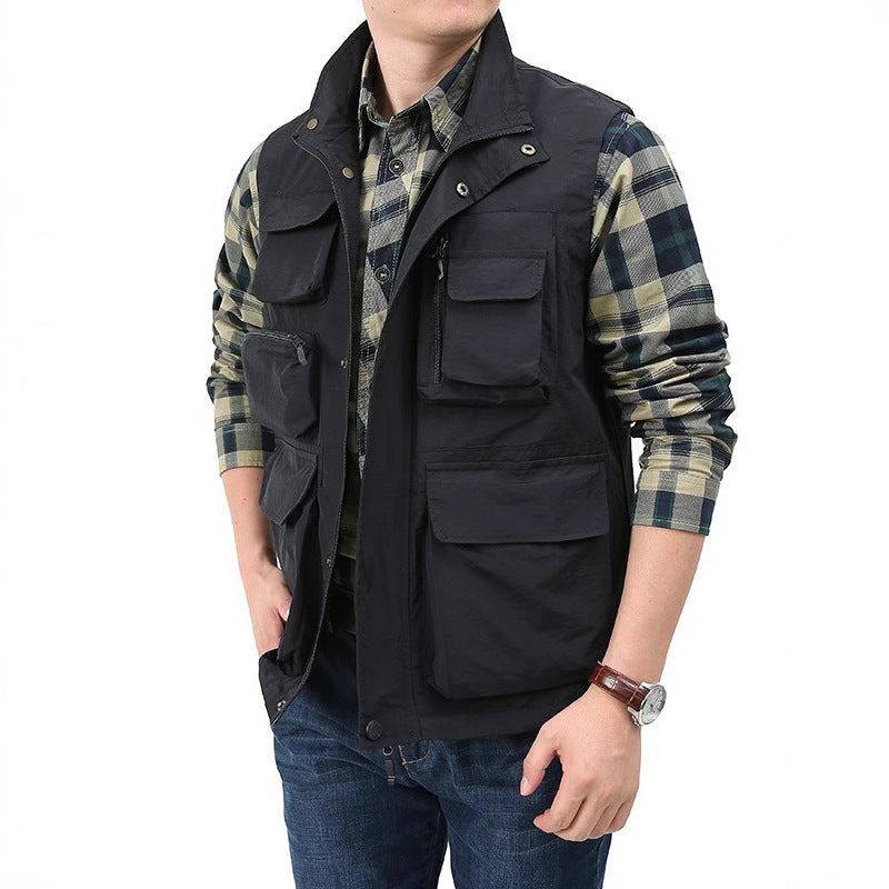 Men's Multi-Pocket Utility Vest with High Stand Collar and Practical Zipper Closure