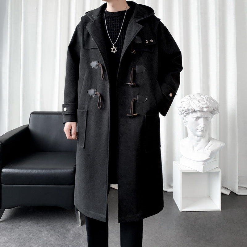 Men's Long Wool Blend Duffle Coat with Hood, Toggle Closures and Patch Pockets Chichicherry