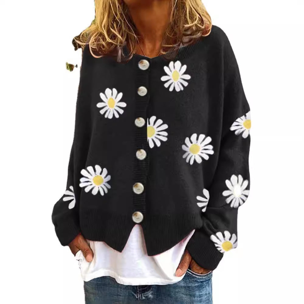 Women's Oversized Knit Cardigan with Button Placket and Daisy Print Chichicherry