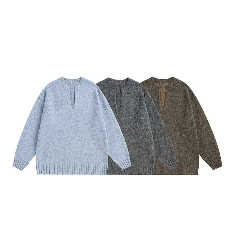 Unisex Oversize Fleece Sweater with V-Slit Collar and Boucle Look Chichicherry