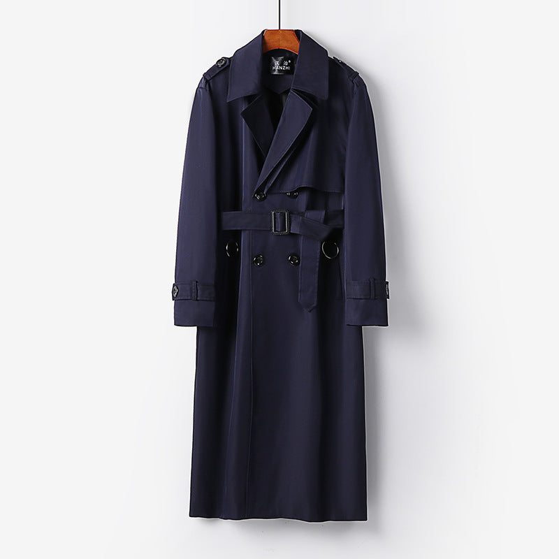 Men's Long Raincoat in Trench Style with Double Breasted, Waist Belt and Epaulettes Chichicherry