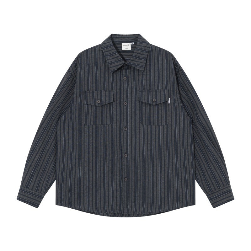 Men's oversized shirt jacket with vertical stripes, patch chest pockets, and rounded hem Chichicherry