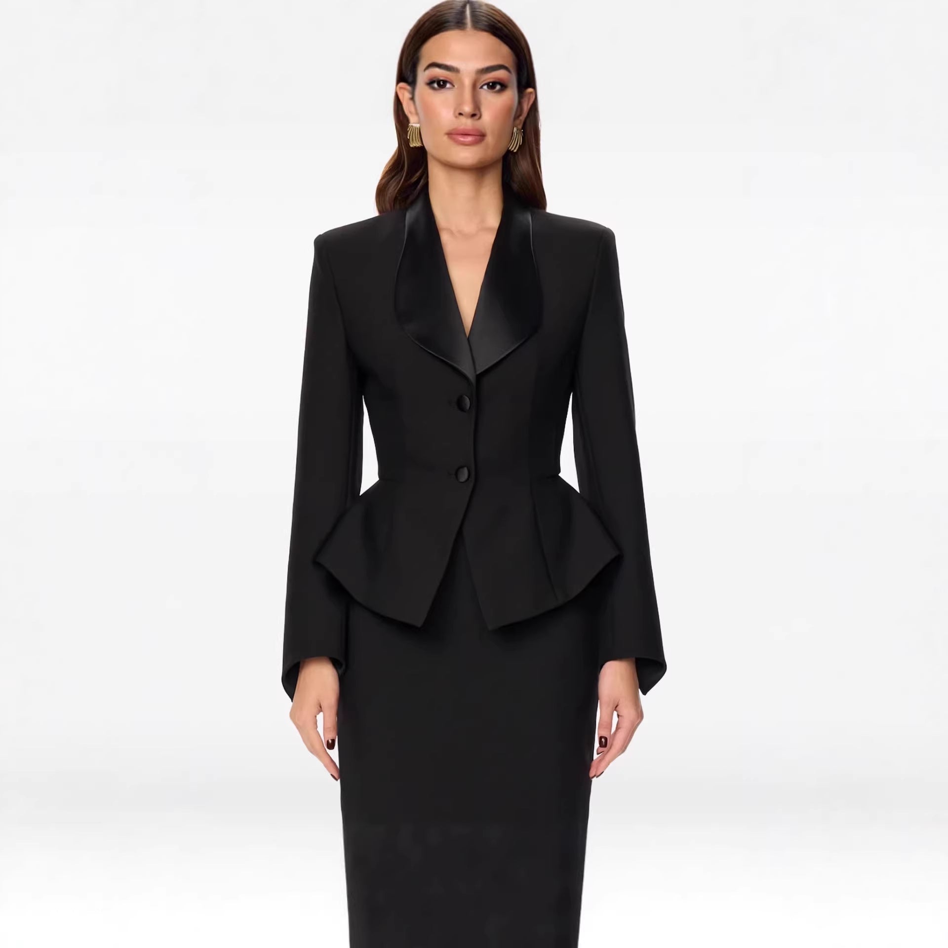Women Tailored Blazer with Peplum Satin Shawl Collar and Slim Silhouette Chichicherry