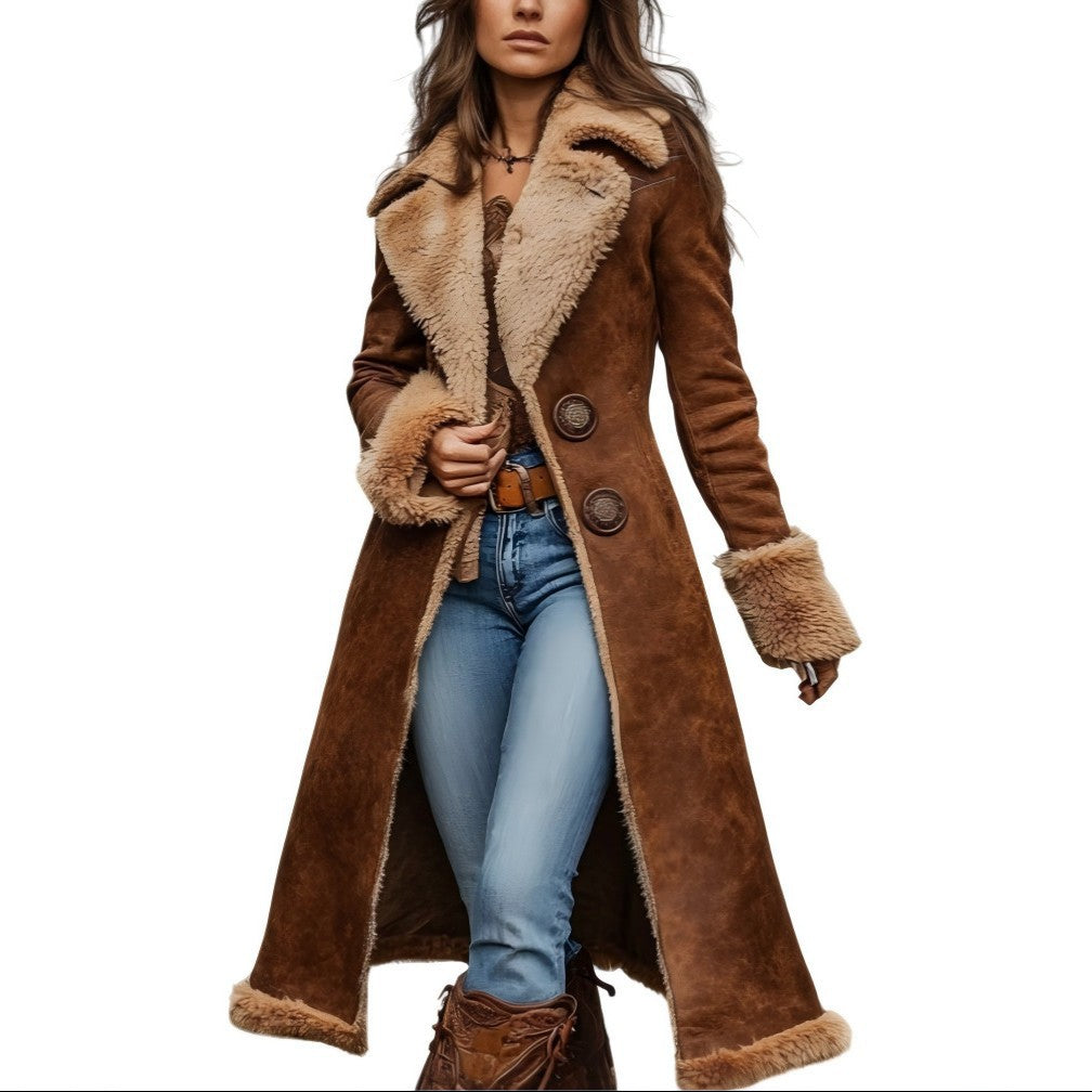 Women's Long Suede-Look Coat with Lambskin Imitation Lining and Decorative Double Button Placket Chichicherry