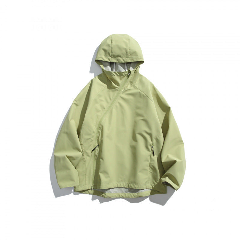 Unisex Lightweight Tech Rain Jacket with Asymmetrical Zipper Chichicherry