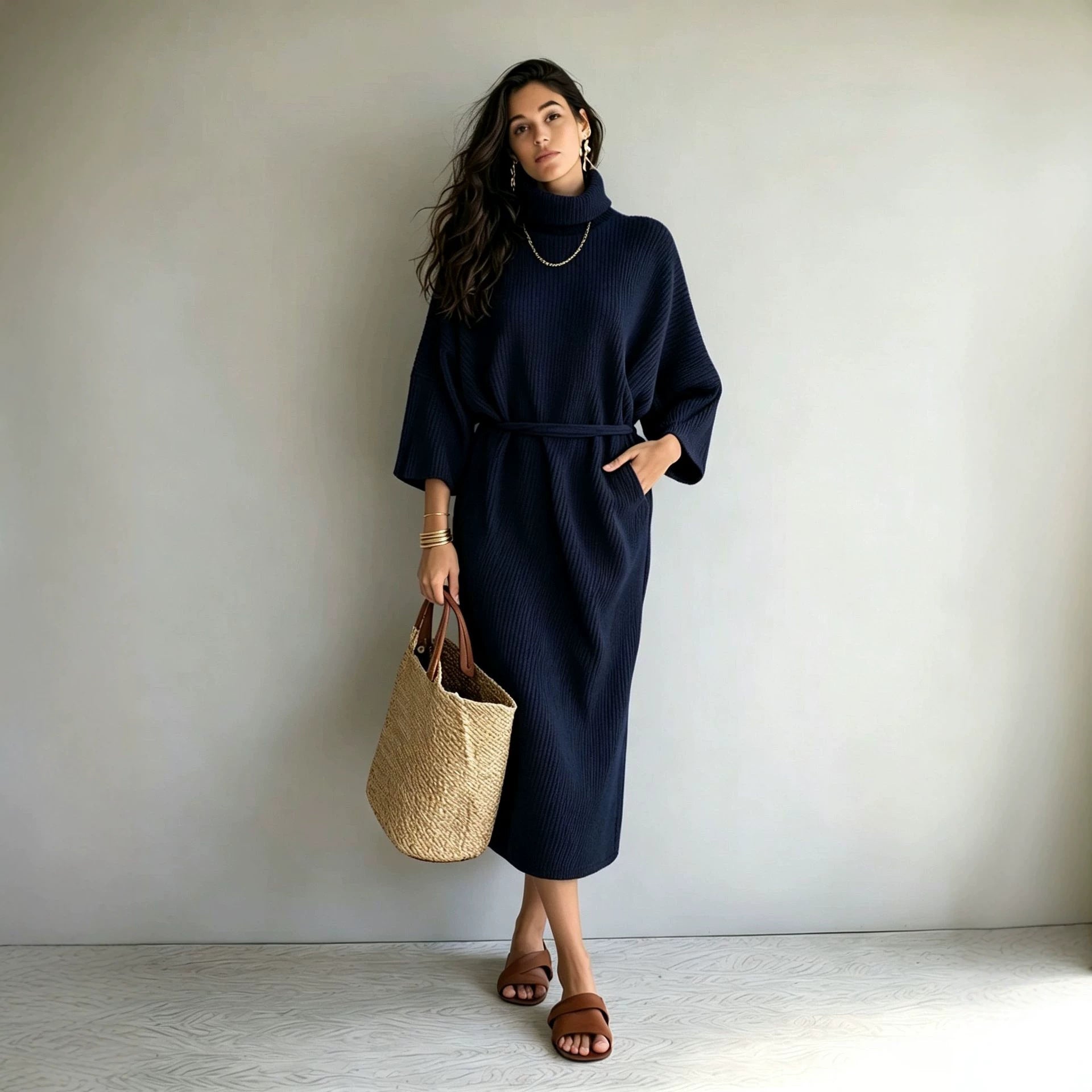 Women's mid-length ribbed knitted dress with turtleneck, three-quarter sleeves, and tie belt