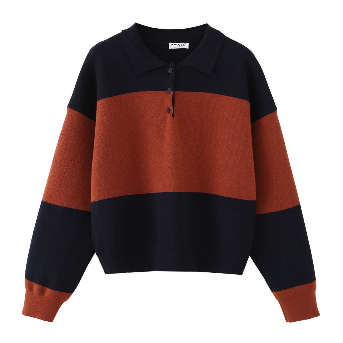 Women Oversized Polo Collar Sweater with Block Stripes Chichicherry