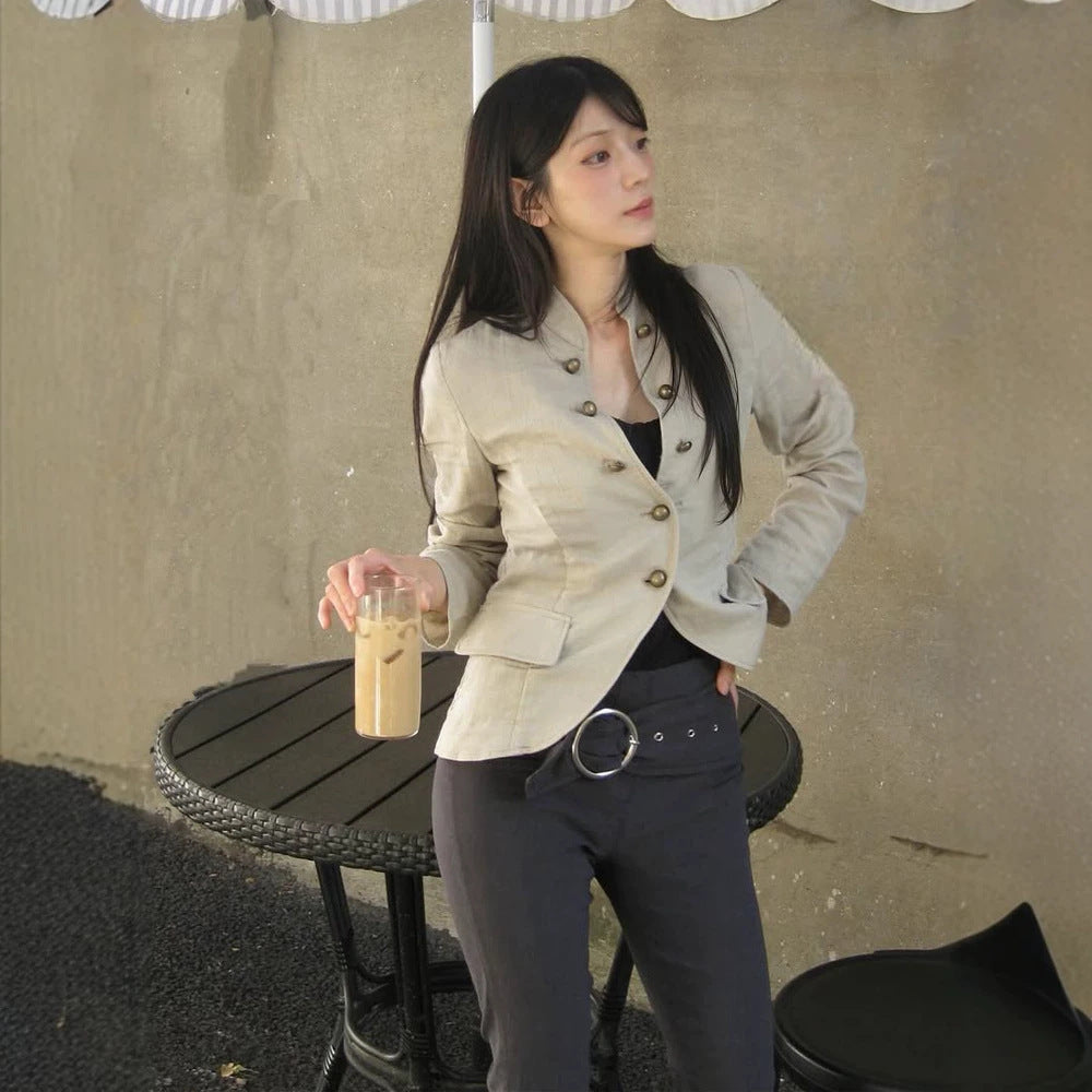 Women Tailored Linen Blazer with Stand-up Collar and Decorative Button Placket Chichicherry