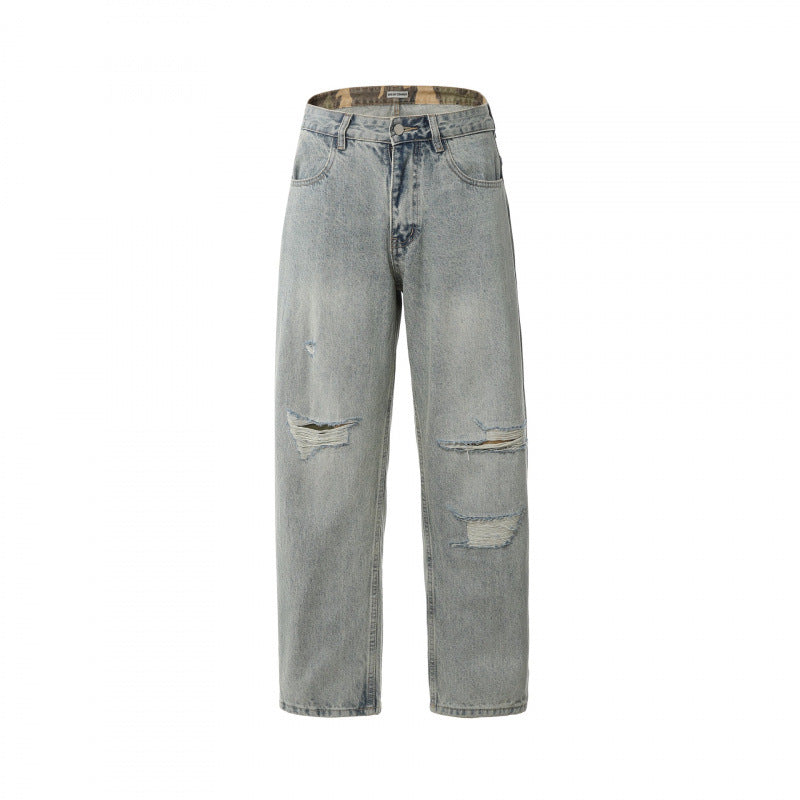 Men's Casual Straight-Leg Jeans with Used Wash and Destroyed Details Chichicherry