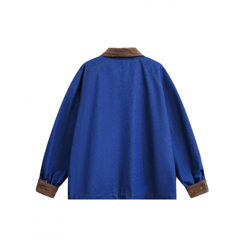Unisex Kastige Denim-Worker Jacket with Cord Collar, Flap Pockets and D-Ring Chichicherry