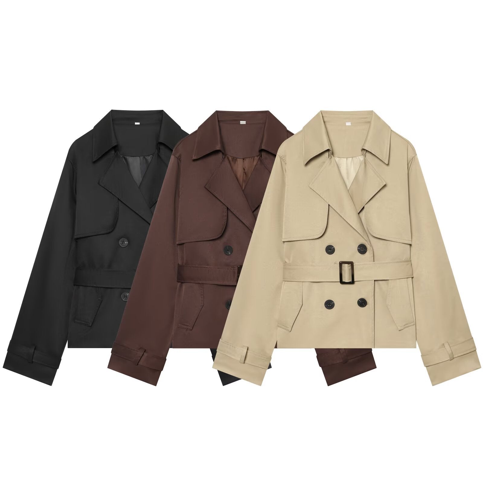 Women's Short Cropped Trench Coat with Double-Breasted Button Placket, Waist Belt, and Epaulettes Chichicherry