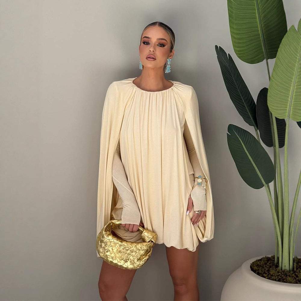 Women Pleated Cocktail Mini Dress with Long Fitted Sleeves and Ballooned Hem Chichicherry