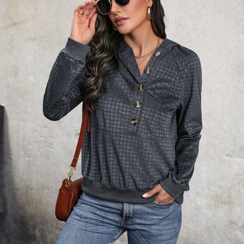Ladies Textured Hooded Sweater with Button Placket and Pattern Structure Chichicherry