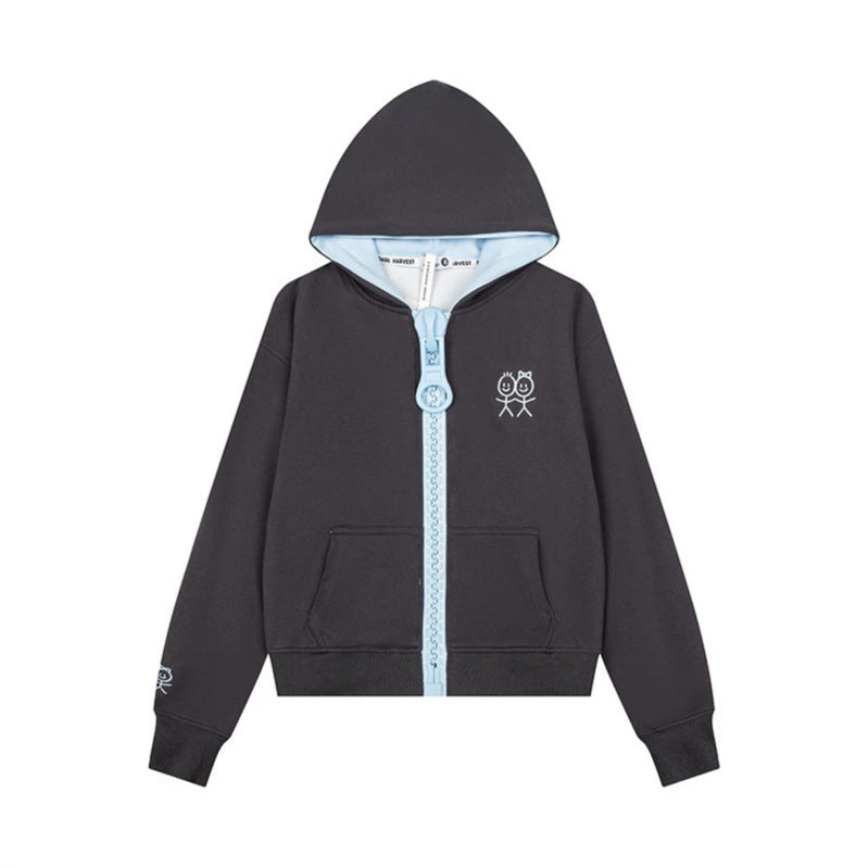 Women's Hoodie Sweat Jacket with Oversized Zipper and Minimalist Embroidery Chichicherry