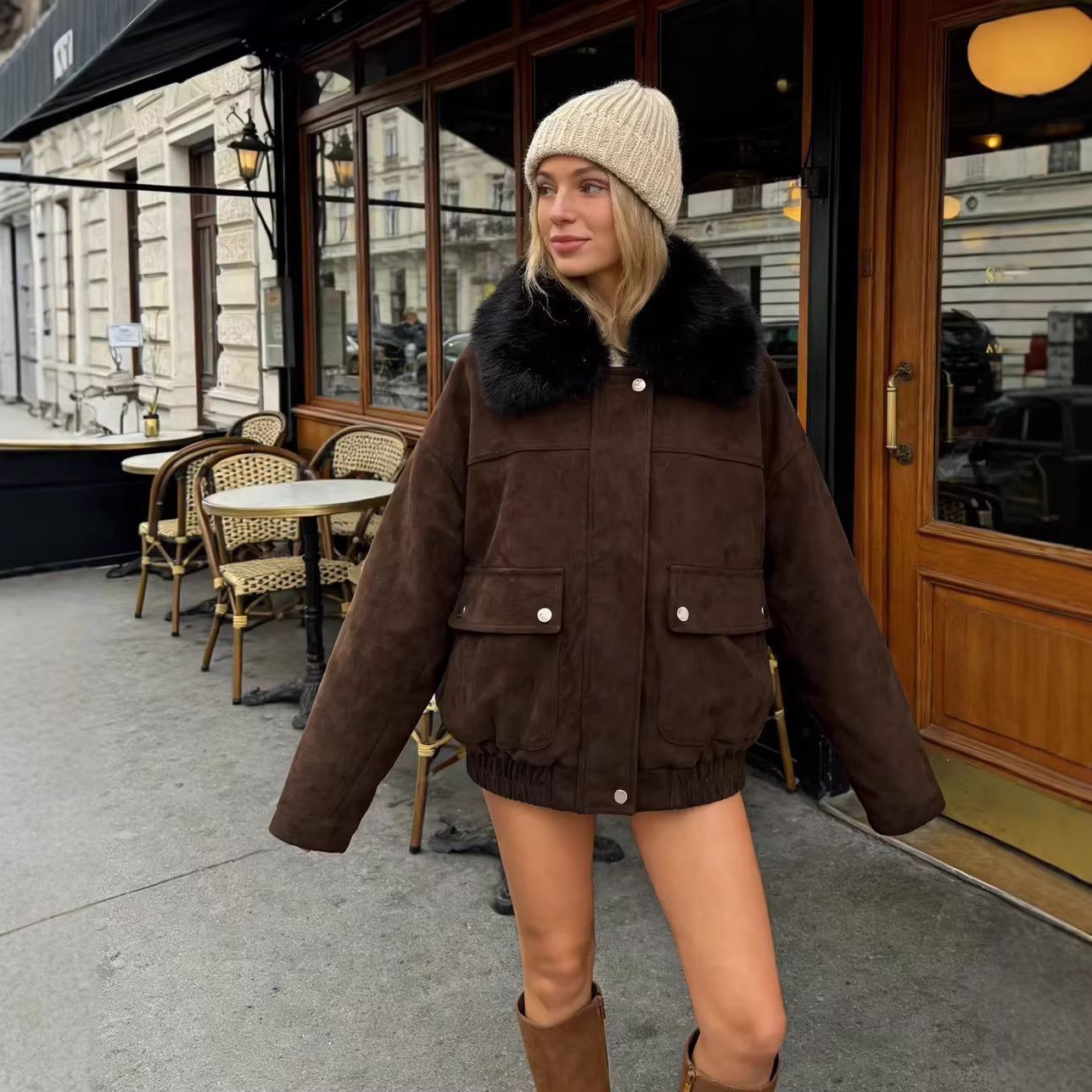 Women's Oversize Bomber Jacket made of Suede Imitation with Large Faux Fur Collar Chichicherry