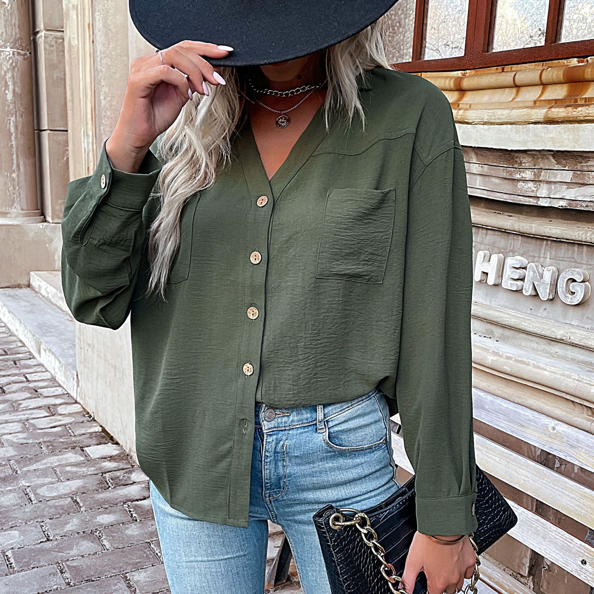 Women's Loose Viscose Shirt with V-Neck, Button Placket and Breast Pocket Chichicherry
