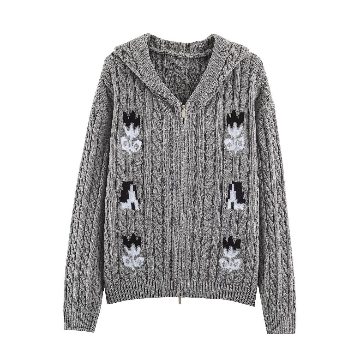 Women's Two-Piece Knit Set with Zipper Hoodie and Short Cable Knit Skirt Chichicherry