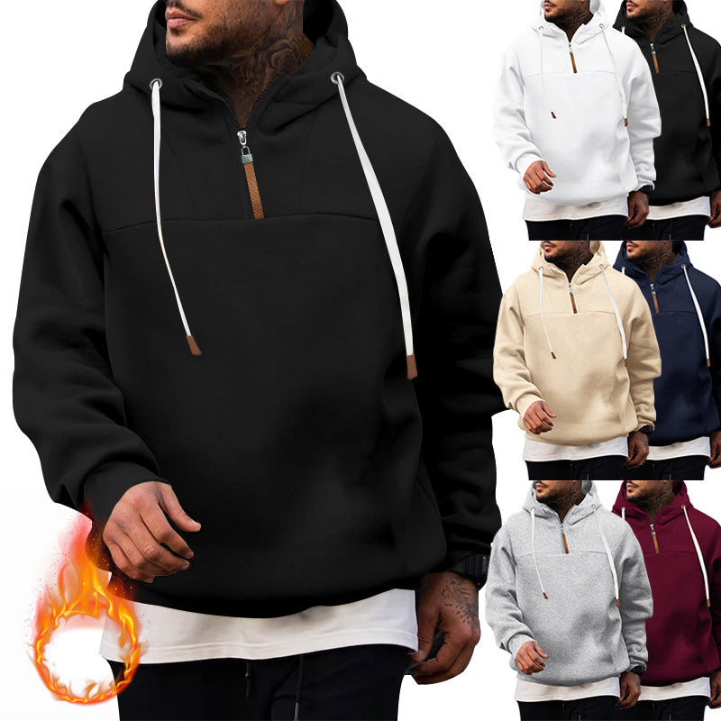 Men's Fleece Half-Zip Hoodie with Hood, Drawstring, and Elastic Cuffs Chichicherry
