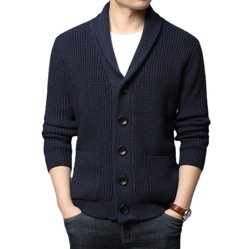 Men's chunky knit cardigan with shawl collar, patch pockets, and button placket Chichicherry
