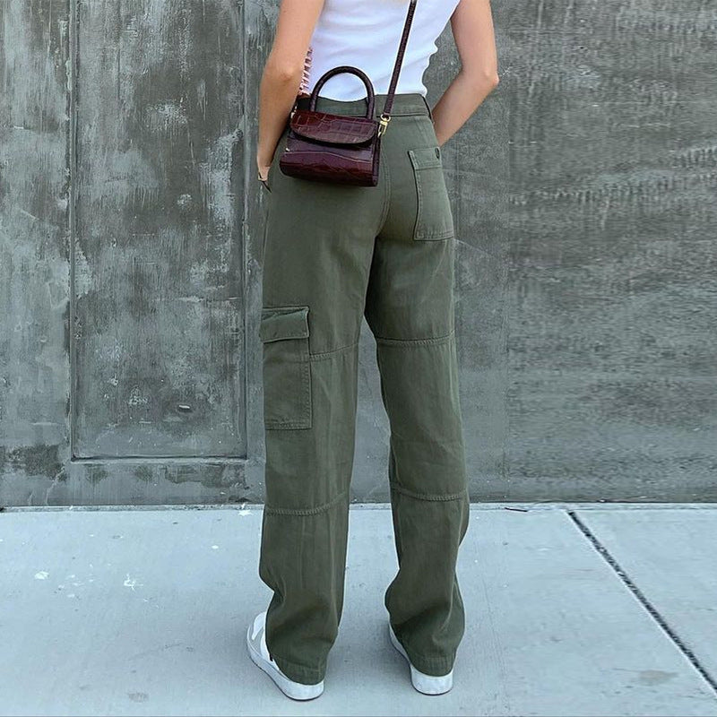 Ladies High-Waisted Relaxed Cargo Pants with Wide Leg and Knee Pleats Chichicherry