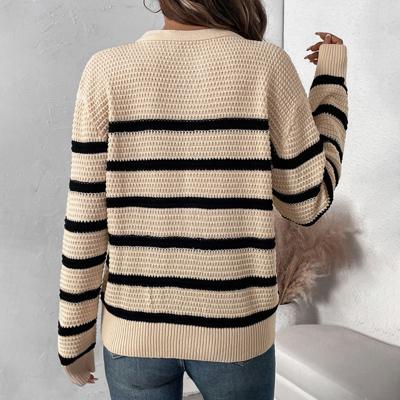Women's Striped Waffle Knit Henley Sweater with Button Placket Chichicherry