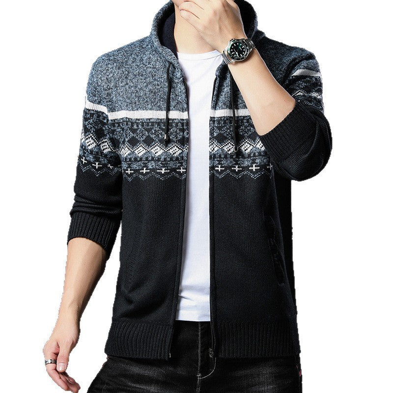 Men's Knit Zip Hoodie with Norwegian Pattern, Hood and Side Pockets Chichicherry
