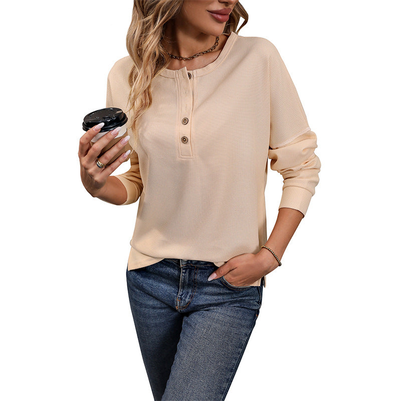 Women's long-sleeve waffle knit Henley shirt with button placket and relaxed fit Chichicherry