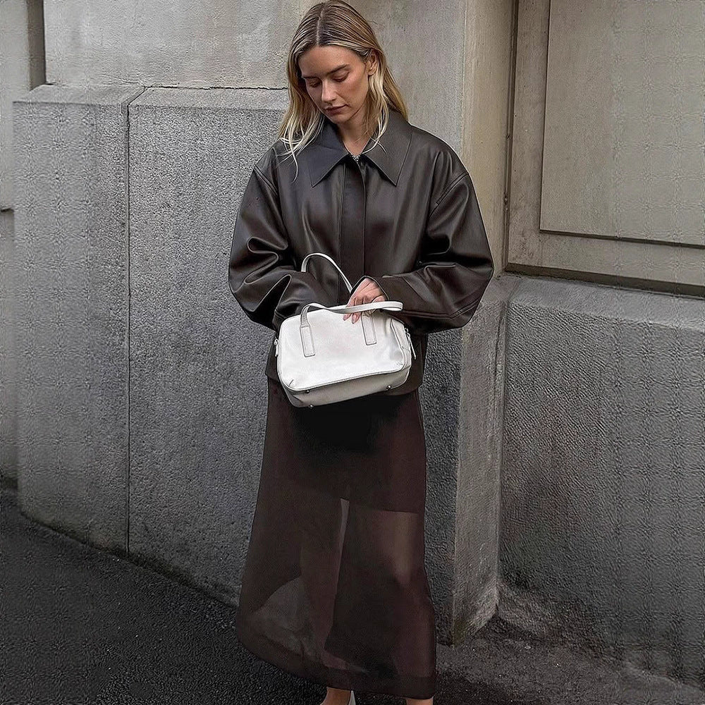 Ladies Cropped Boxy Jacket made of faux leather with oversized collar and concealed zipper placket Chichicherry