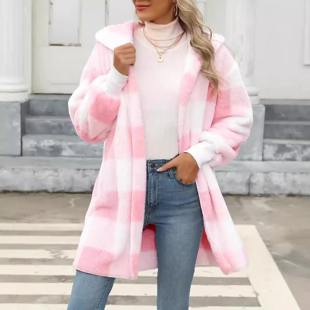 Women Oversize Checked Teddy Coat with Hood and Side Pockets Chichicherry